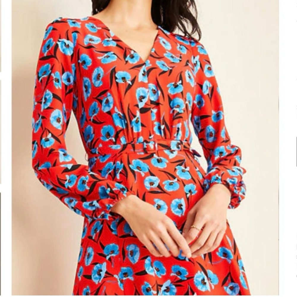 Ann Taylor Floral Red Poppyseed print Midi Dress 00P NWOT - Picture 4 of 10